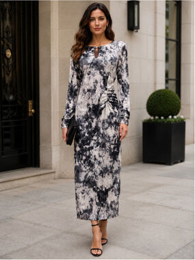 Ghost London Dress Women 10 Ruched Stretch Draped Abstract Artsy Gray Black Maxi